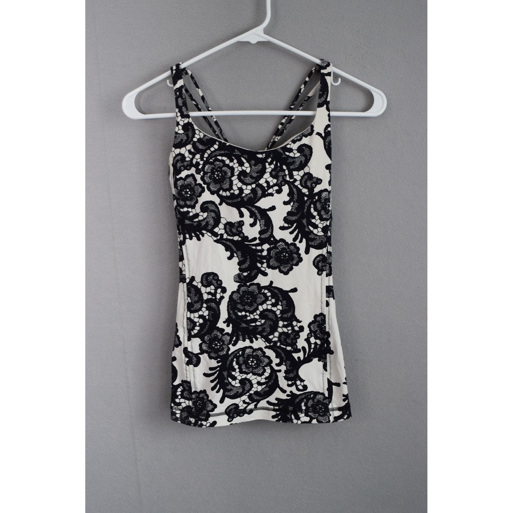 Lululemon Free To Be Tank Laceoflage Polar Cream Black 4 Black White Lace Floral